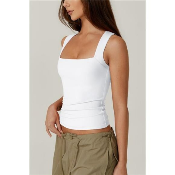 QINSEN Womens Square Neck Tank Top Sleeveless Fitted Double Layer Black Shirt - Picture 2 of 6